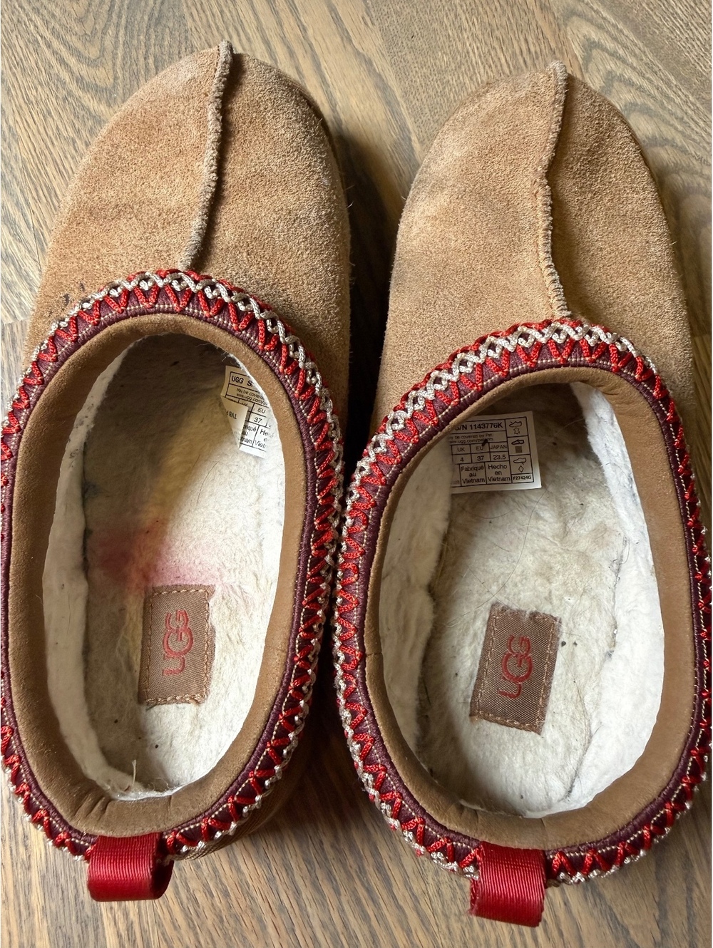 UGG Suede Slip-On Shearling Lined Slippers with Red Trim